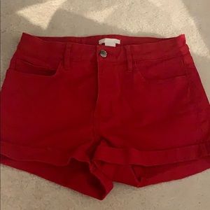 Red high waisted denim shorts